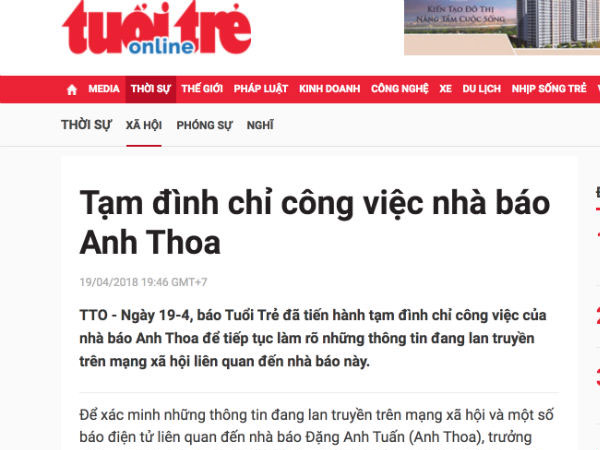 Tuổi Trẻ đình chỉ nhà báo Anh Thoa để xác minh nghi vấn xâm hại tình dục