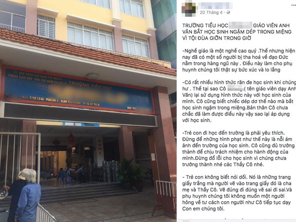 Xôn xao thông tin học sinh tiểu học ở Sài Gòn bị cô giáo bắt ngậm dép trong miệng vì đùa giỡn trong giờ học