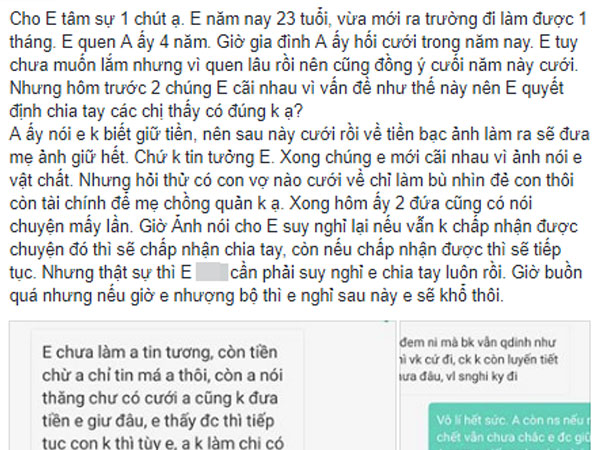 Cô gái dứt khoát chia tay vì chồng sắp cưới tuyên bố không tin tưởng vợ, sẽ đưa hết tiền bạc cho mẹ đẻ sau khi kết hôn