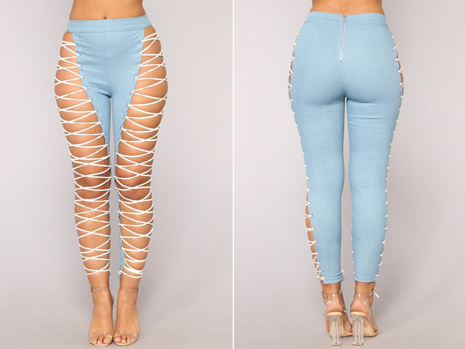 Mẫu quần jeans đan dây hở bạo được bán với giá 1,1 triệu đồng