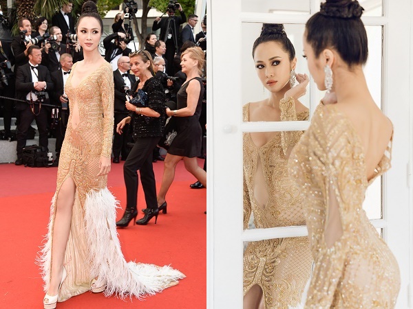 Sau sự cố nhầm tên thương hiệu, Vũ Ngọc Anh khoe ngực trên thảm đỏ Cannes với đầm xuyên thấu