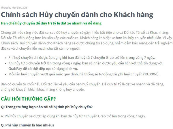 Grab bất ngờ xóa thông tin thu 10.000 đồng phí hủy chuyến trên website