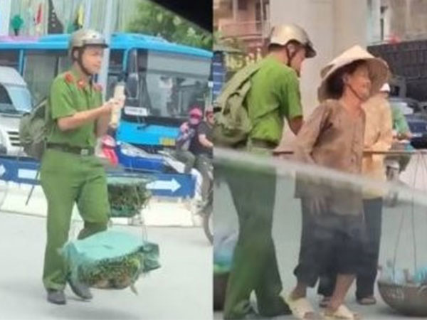 Nam sinh cảnh sát giữa trưa nắng giúp 2 bà cụ gánh rau qua đường