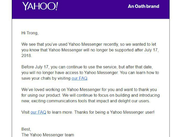 Yahoo Messenger gửi thư tạm biệt người dùng