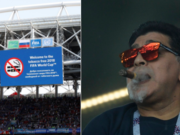 Maradona hút xì gà trên khán đài trận Argentina - Iceland bất chấp lệnh cấm