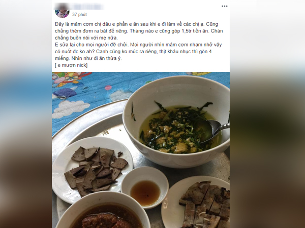 Cô nàng ấm ức vì chị dâu để phần mâm cơm nham nhở dù tháng nào cũng nộp 1,5 triệu tiền ăn gây tranh cãi