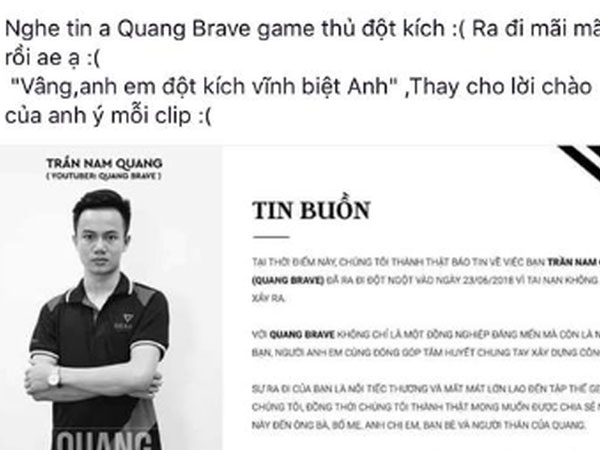 Game thủ nổi tiếng Quang Brave qua đời ở tuổi 21 vì bệnh tim