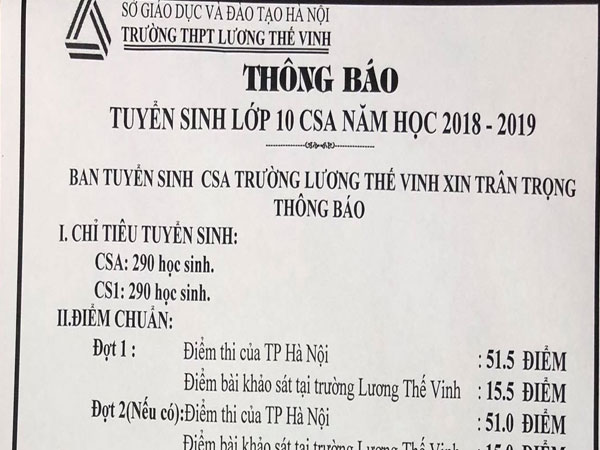 Hà Nội:Trường Lương Thế Vinh công khai điểm chuẩn THPT sớm nhất