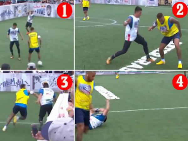 Neymar đẩy ngã cầu thủ nghiệp dư sau khi mất bóng