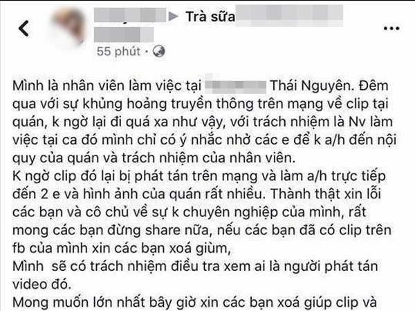 Một tài khoản FB lên tiếng xin lỗi vụ clip cặp đôi thân mật thái quá trong quán trà sữa: 'Mình chỉ có ý nhắc nhở các em'