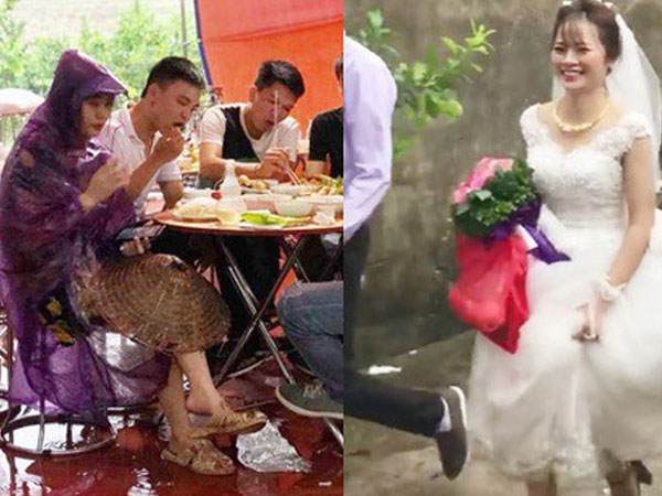Cô dâu diện nguyên 'combo' nón lá, dép tổ ong, áo mưa kín người trong ngày cưới khiến dân mạng bật cười