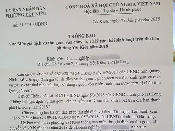 'Sốc' khi nhận thông báo thu phí rác sinh hoạt hơn 120 triệu từ UBND phường