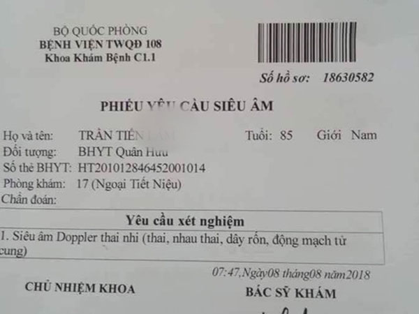 Vào Bệnh viện Quân đội 108 khám, cụ ông 85 tuổi được chỉ định siêu âm thai