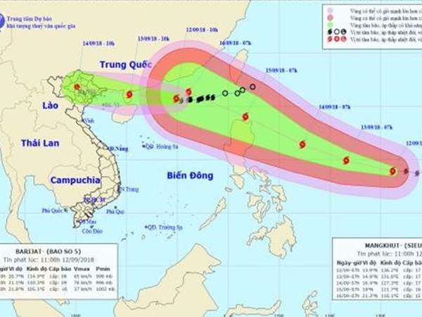 Siêu bão Mangkhut tăng tốc, giật cấp 17 và bão số 5 Barijat cấp 11 dồn dập tấn công Biển Đông