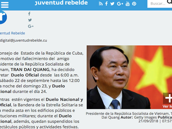 Cuba tổ chức quốc tang tưởng niệm Chủ tịch nước Trần Đại Quang