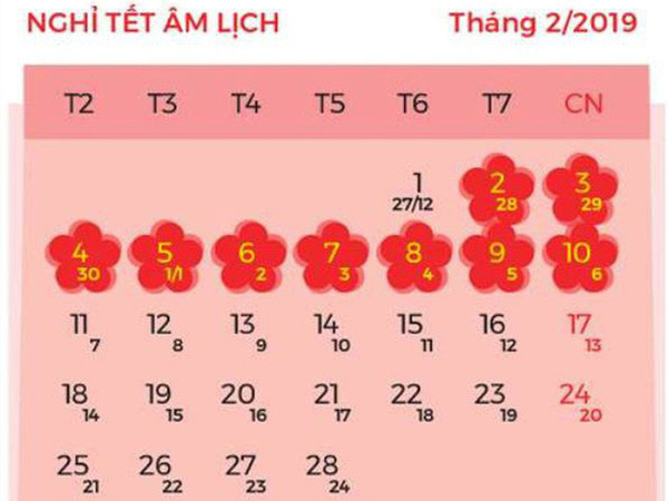 Chi tiết lịch nghỉ lễ các ngày trong năm 2019: Nghỉ Tết Nguyên đán 9 ngày
