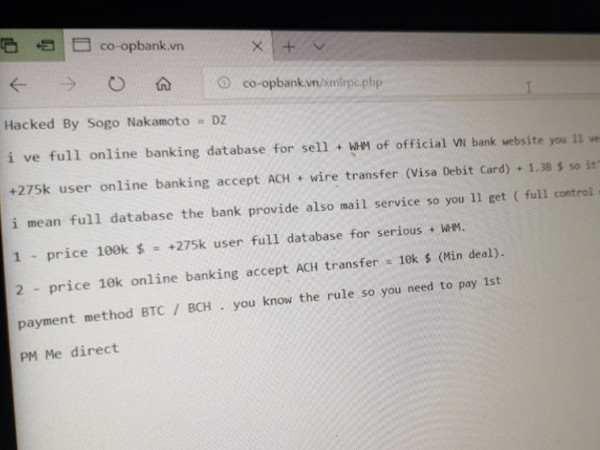 Website Ngân hàng Hợp tác xã VN bị hack, ra giá 100.000 USD