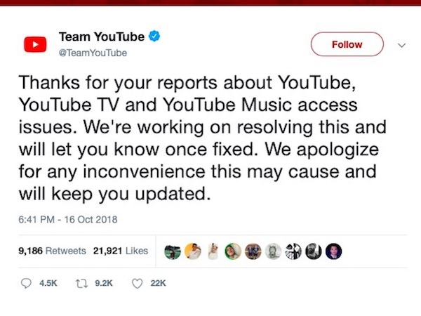 YouTube sập toàn cầu: Dân mạng VN hoang mang, YouTube lên Facebook xin lỗi