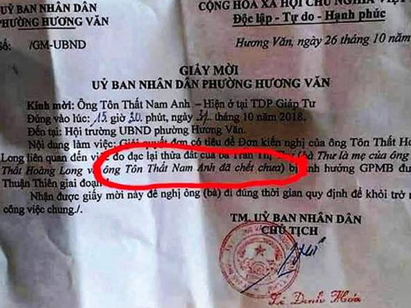 UBND phường mời người chết dự họp giải phóng mặt bằng