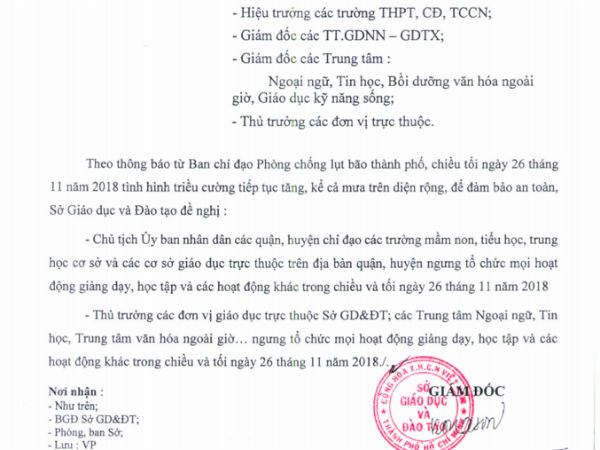 Khẩn: Sở GDĐT TPHCM đề nghị ngưng tổ chức các hoạt động giảng dạy, thi cử chiều tối ngày 26/11/2018