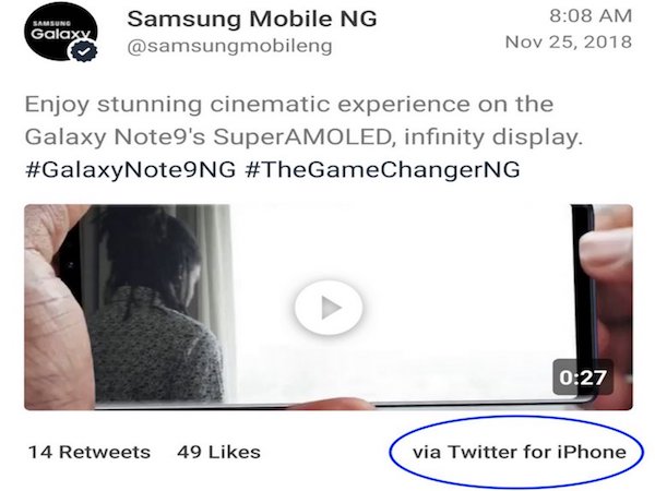 Samsung hai lần dùng iPhone viết tin quảng bá Galaxy Note 9