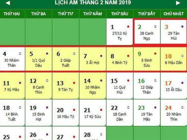 Tết nguyên đán 2019 được nghỉ mấy ngày?