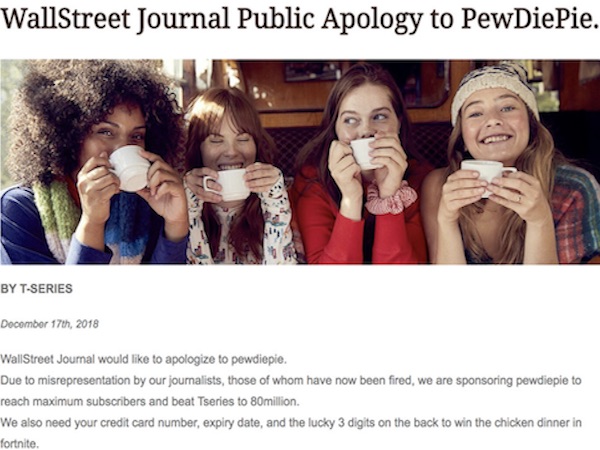 Báo Wall Street Journal bị hack bởi người hâm mộ PewDiePie