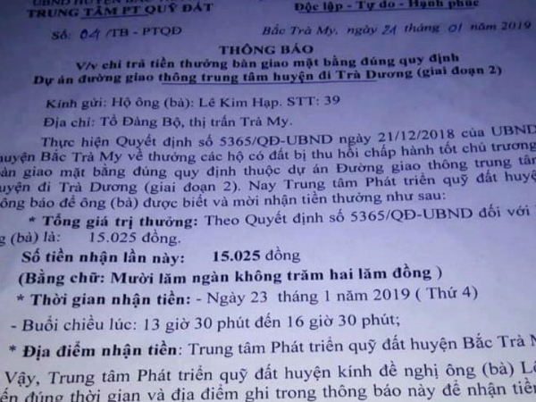 Chính quyền giải thích vụ khen thưởng 15.000 đồng cho người hiến đất