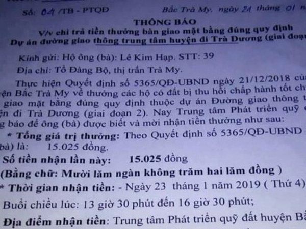 Được thưởng 15 ngàn đồng vì bàn giao mặt bằng đúng quy định: 'Thật chứ không phải đùa'