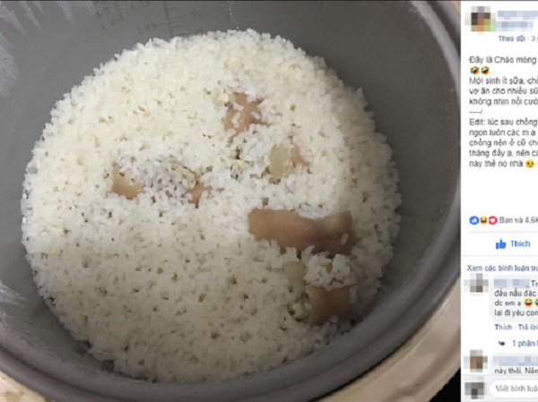 Nấu cháo chăm vợ đẻ, anh chồng khiến dân mạng cười bò vì thành quả như cơm vùi chân giò trong nồi cơm điện