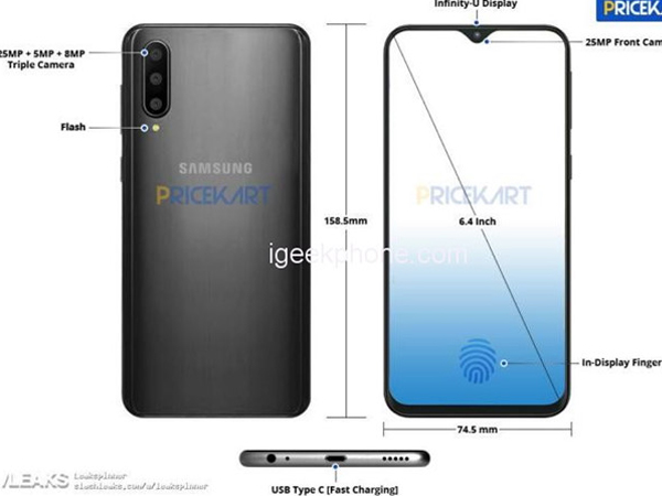 Galaxy A50 lộ diện: 3 camera sau, cảm biến vân tay dưới kính
