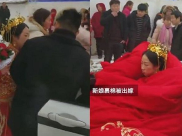 Cô dâu được quấn chăn bông lên xe mui trần ngày cưới