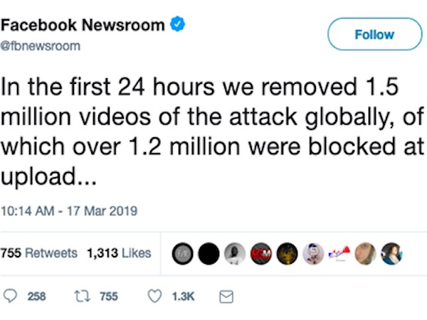 Facebook xóa 1,5 triệu video liên quan đến thảm sát New Zealand