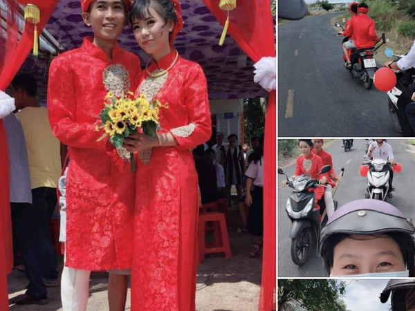 Hình ảnh chú rể bó bột chân, được cô dâu 'rước' bằng xe máy khiến nhiều người vừa thương lại không nhịn được cười