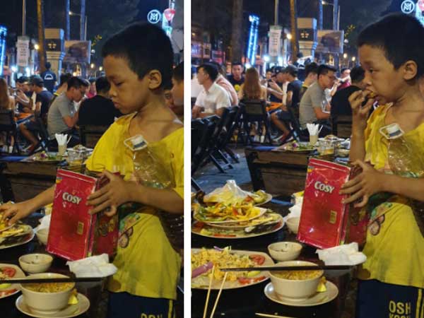 Rớt nước mắt hình ảnh cậu bé nhặt nhạnh chút đồ thừa trên bàn rồi ăn ngấu nghiến để lấp đầy chiếc bụng đói giữa phố Sài Gòn