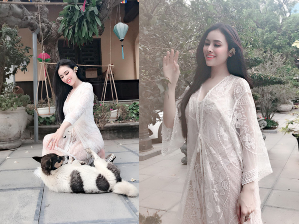 'Cựu Á hậu' Thư Dung lại khiến cộng đồng mạng 'nhức mắt', ngán ngẩm vì diện váy ren xuyên thấu vào chùa chụp ảnh