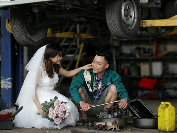 Ảnh cưới trong garage ôtô của vợ chồng chàng thợ máy Hải Dương