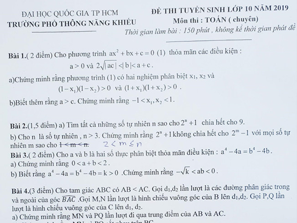 Đề thi Toán chuyên vào lớp 10 trường Phổ thông Năng khiếu có sai sót