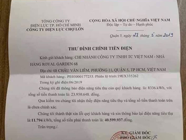 Xôn xao tờ thông báo đính chính hoá đơn tiền điện từ hơn 23 triệu lên 40,9 triệu đồng