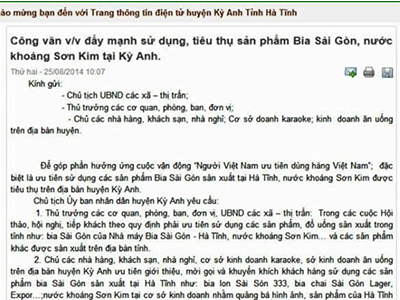 Huyện Kỳ Anh lại "ép" nhà hàng tiêu thụ bia Sài Gòn