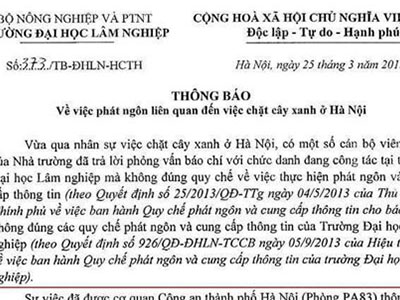 Công an Hà Nội không can thiệp phát ngôn của trường Đại học Lâm nghiệp