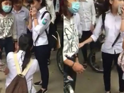 Clip nữ sinh Hà Nội bị đánh và quỳ trên phố vì chửi bạn