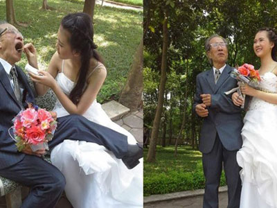 Ảnh cưới cụ ông và cô gái trẻ như học sinh ở Việt Nam gây xôn xao