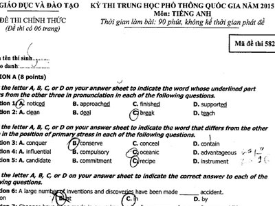 Đề và đáp án tiếng Anh kỳ thi THPT quốc gia
