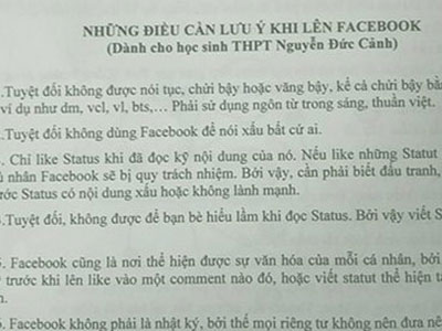 Bản "lưu ý học sinh" của 1 trường THPT: Không chửi bậy, nói xấu người khác trên Facebook