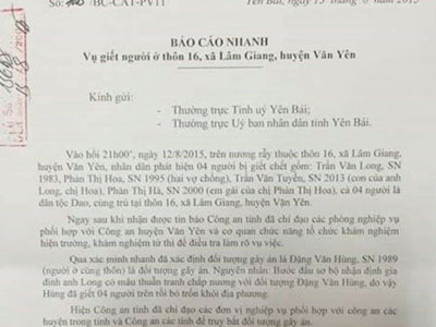 Công an tỉnh Yên Bái báo cáo khẩn vụ thảm sát 4 người chết gây rúng động