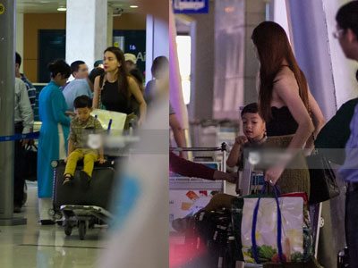 Hồ Ngọc Hà đẩy bé Subeo trên xe hành lí gây chú ý tại sân bay