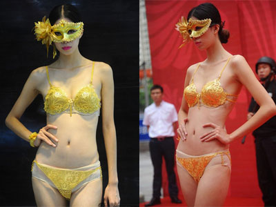 Người mẫu Trung Quốc catwalk với nội y bằng vàng
