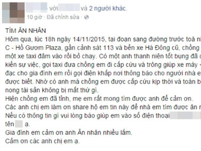 Người vợ lên facebook tìm chàng trai đã giúp đỡ chồng mình khi bị taxi tông
