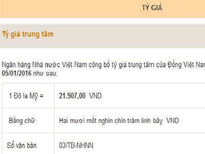 Tỷ giá trung tâm tăng thêm 11 đồng
